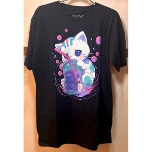 FRIDAY JR Men's Black Cat Boba Tea Graphic Cotton Tee L Crewneck SS